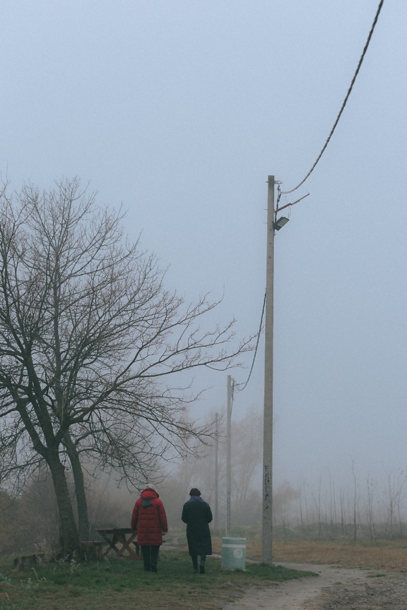 秋の霧の小道を歩く女性たち