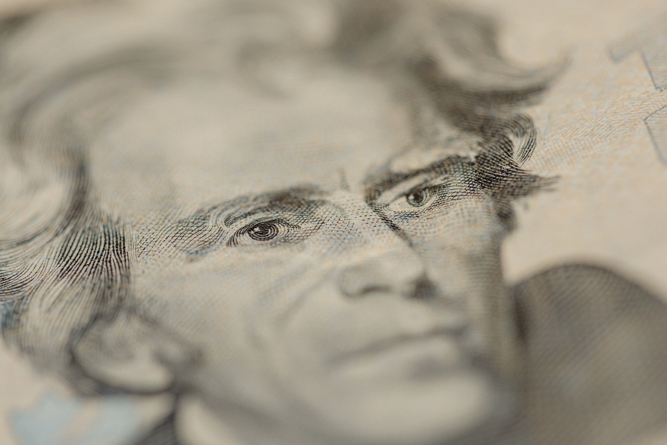 Seepiamakrokuva Yhdysvaltain 20 dollarin setelistä Andrew Jacksonin muotokuvalla
