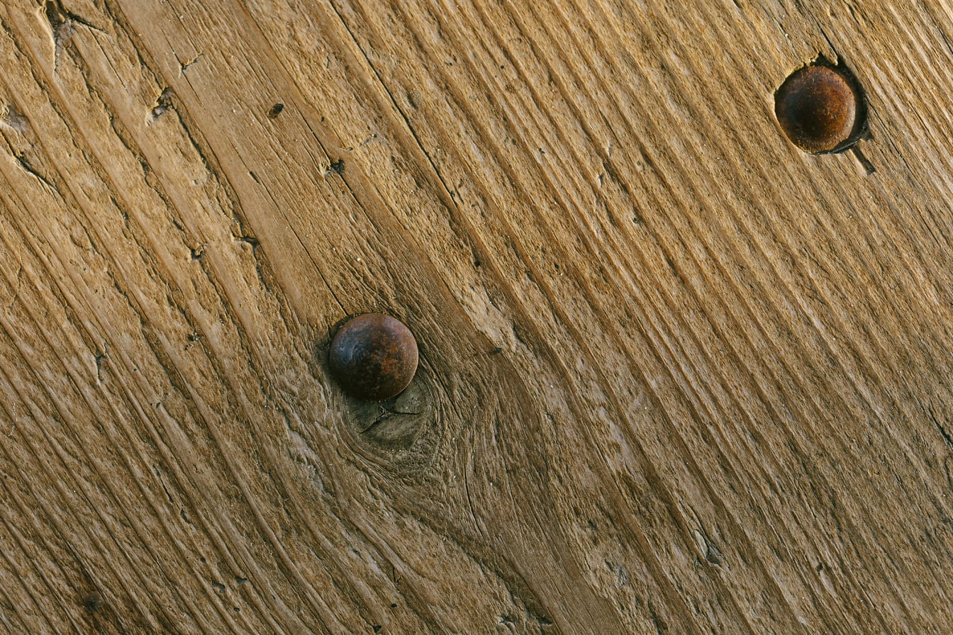 Papan kayu keras dengan paku logam berkarat tekstur close-up