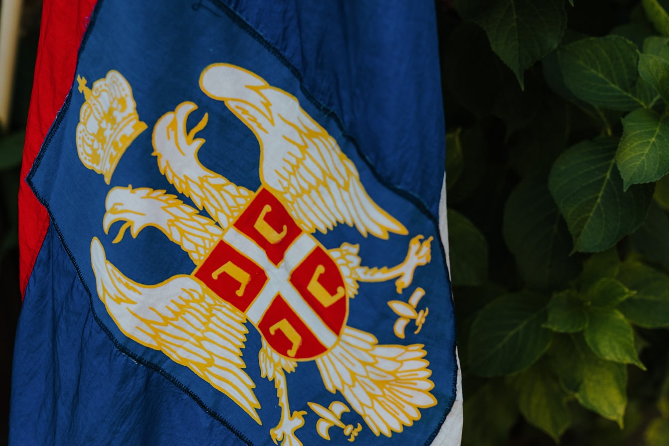 Ouderwetse vlag van koninkrijk Servië met tweekoppig adelaarsembleem