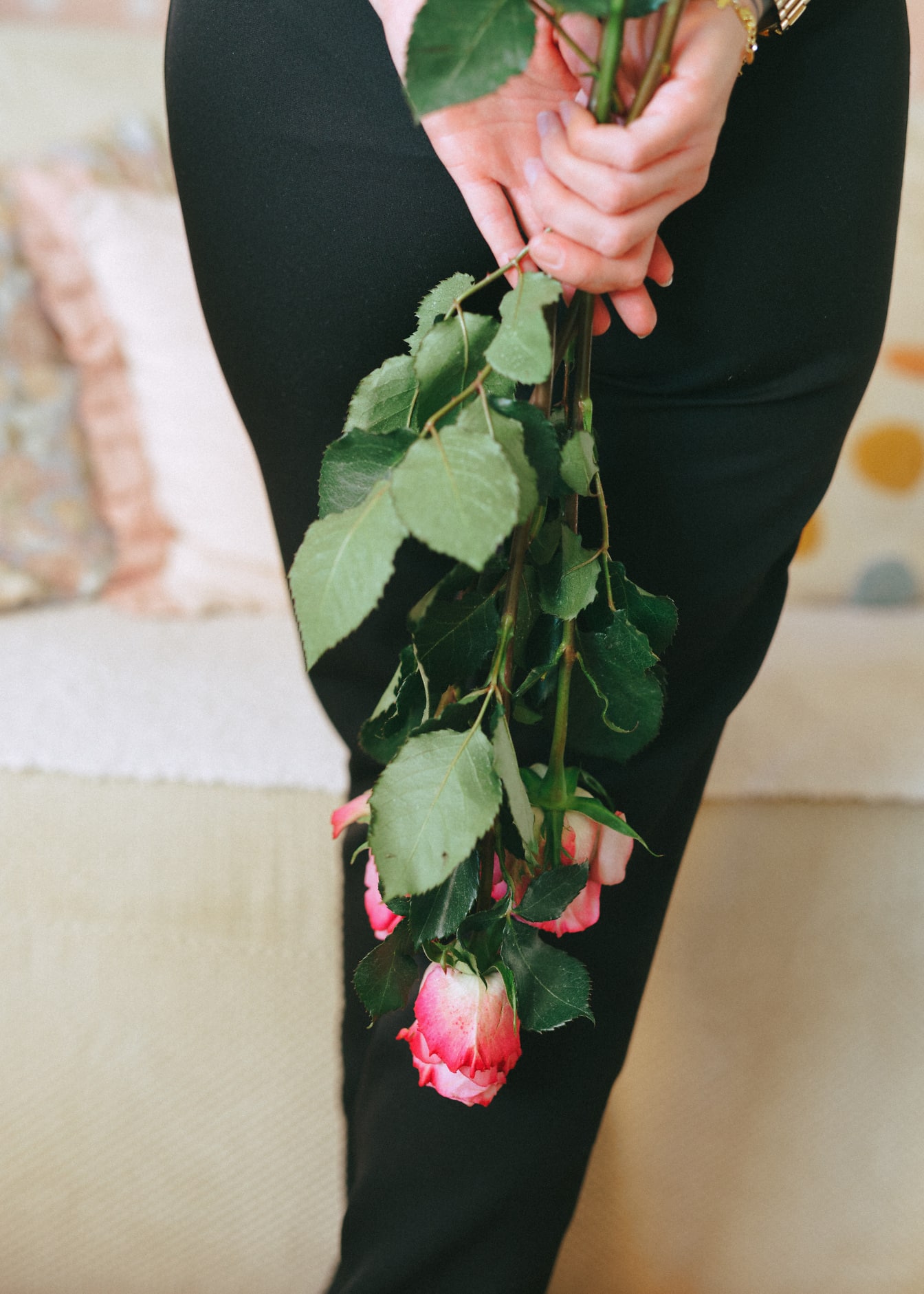 ピンクのバラのつぼみの花束を持つ女性の手の写真