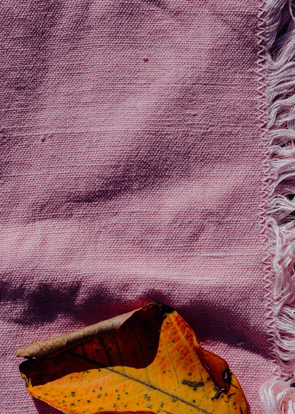 Tekstura różowawego ręcznie robionego płótna z suchym pomarańczowo-żółtym liściem