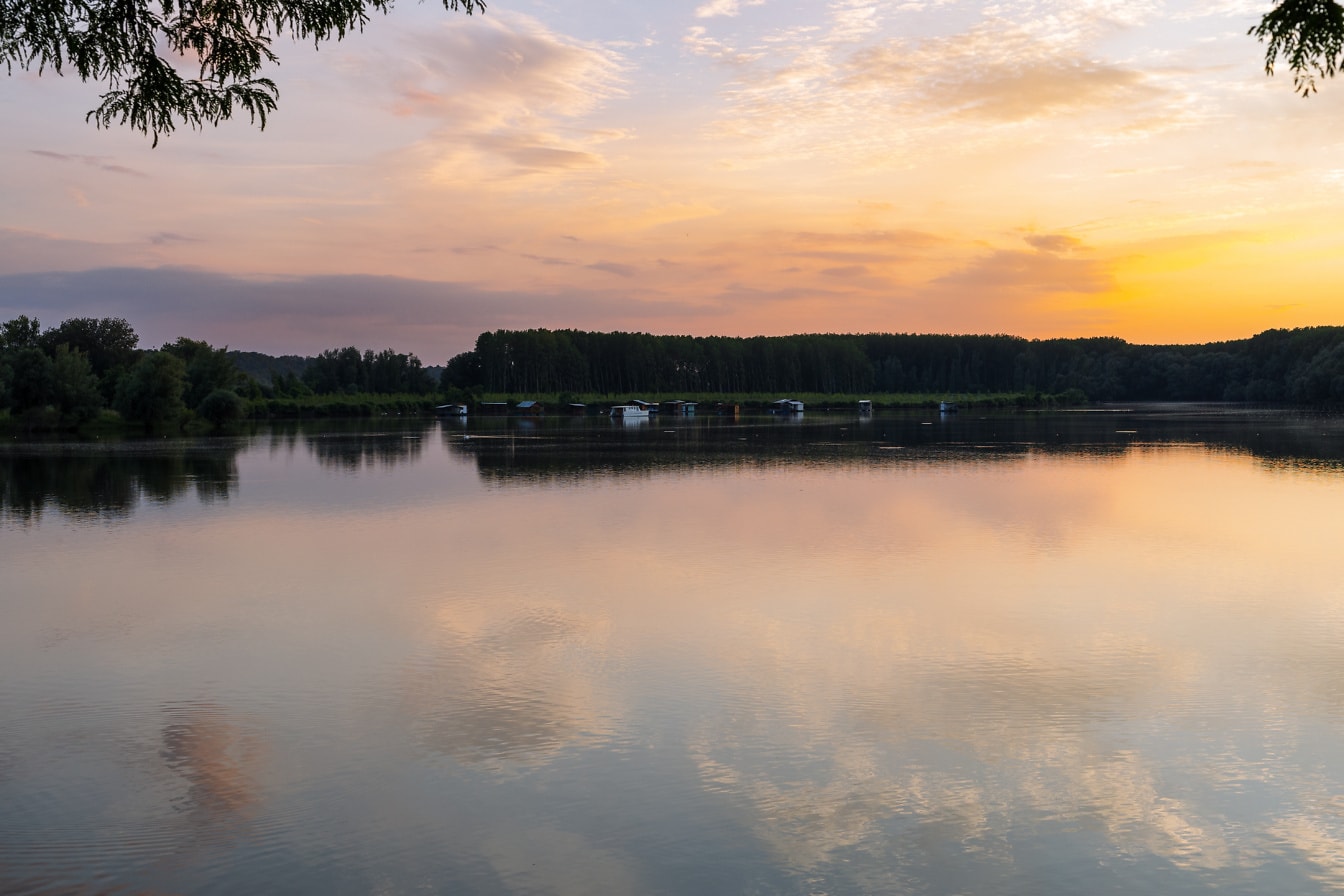 บรรยากาศสงบในพระอาทิตย์ขึ้นบนทะเลสาบ Tikvara ริมแม่น้ําดานูบ