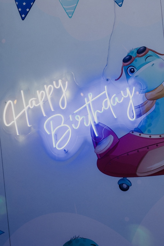 White neon light decoration with the inscription Happy Birthday