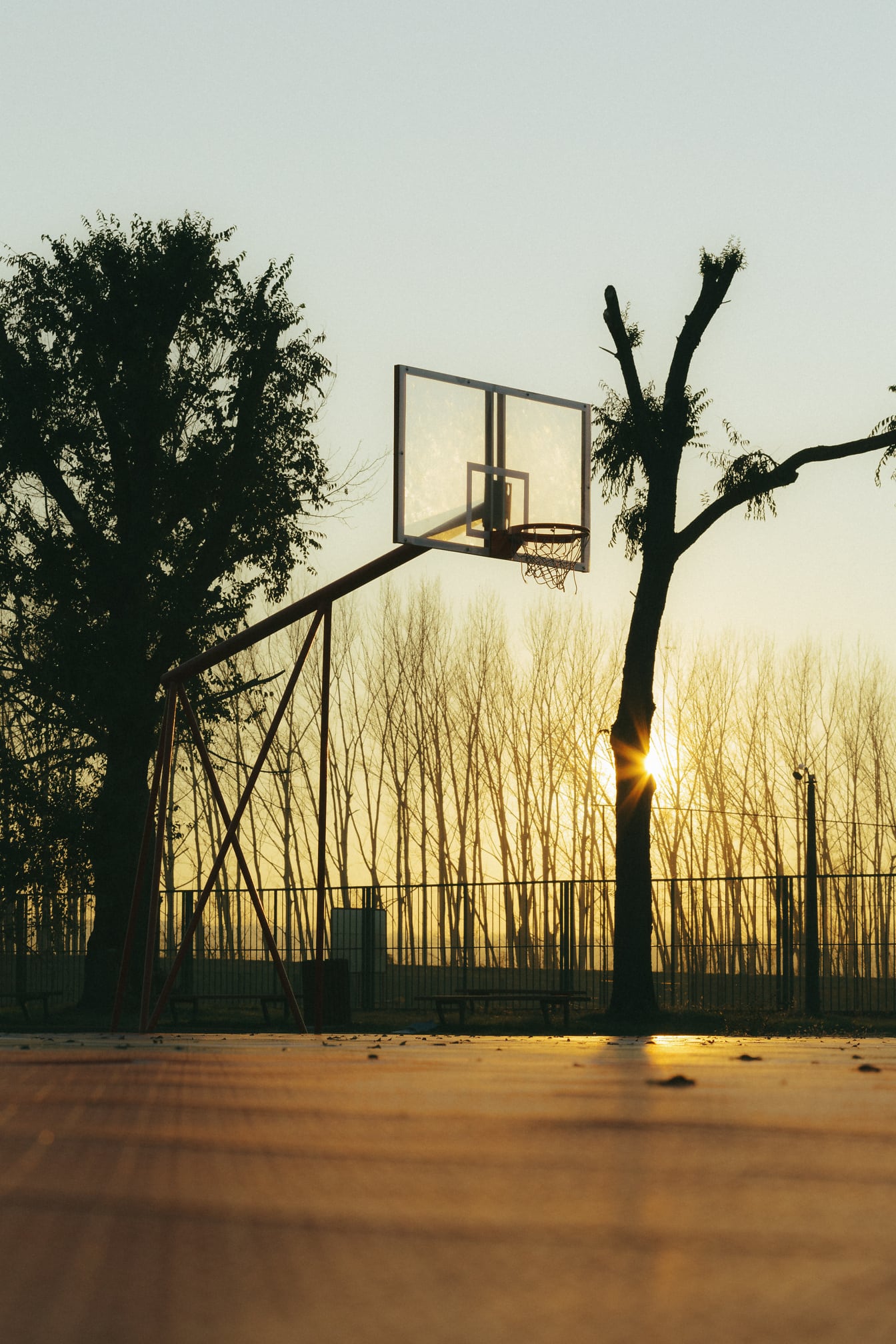 Quadra de basquete vazia com árvores e um pôr do sol