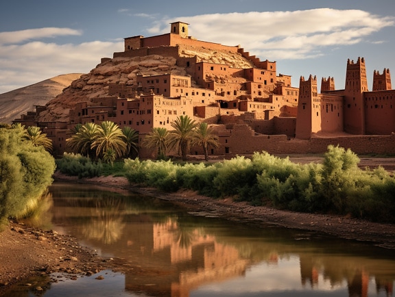 Historisk fæstning i Marokko på bakken over floden