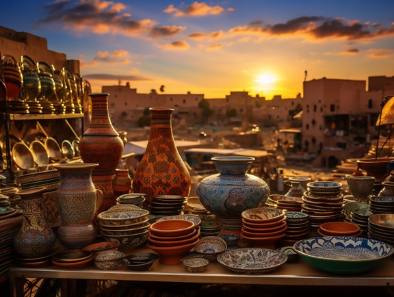 Mesa com vasos e pratos artesanais coloridos e outras cerâmicas