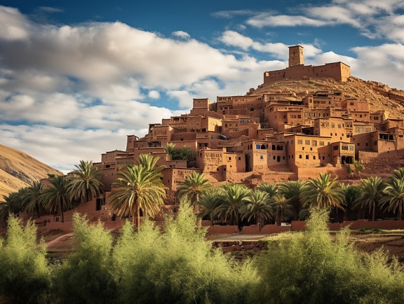 Historiske middelalderhuse i landsby på en bakketop i Marokko
