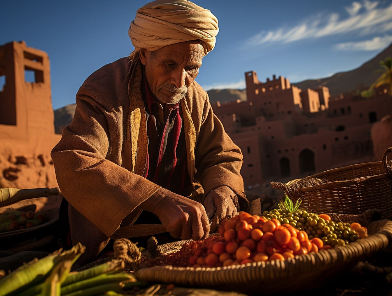 Férfi Marokkóban turbánnal és gyümölcskosárral a piacon
