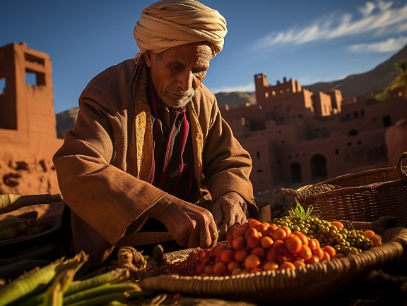 Uomo in Marocco con turbante e cesto di frutta sul mercato