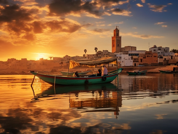 Boot mit Menschen auf dem Wasser bei Sonnenuntergang in Marokko