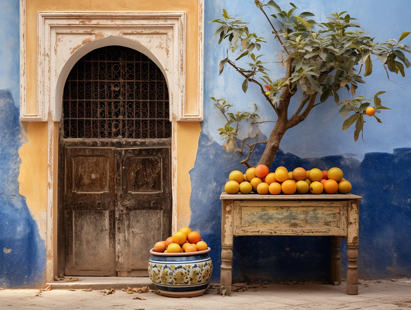 Stôl s pomarančmi pred modrou stenou v Maroku
