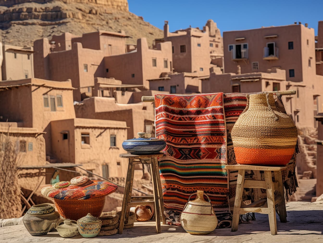 Gatumarknad i Marocko med korgar och keramik