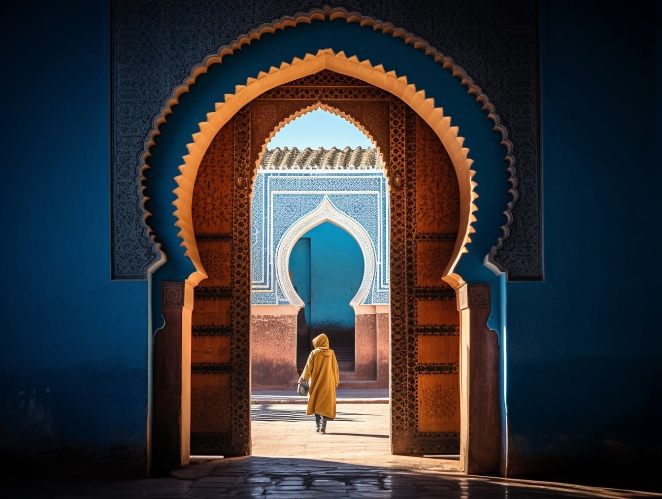 Човек, който минава през врата в Мароко