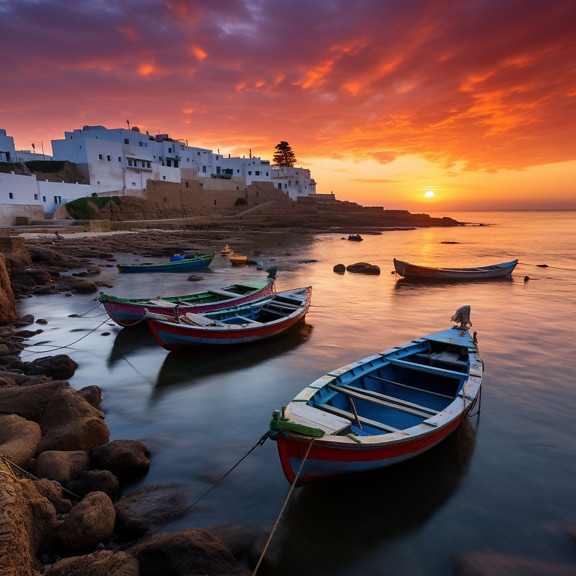 Båter i havn med en historisk landsby i bakgrunnen ved solnedgang