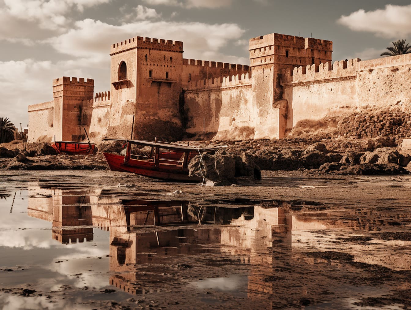 干ばつの季節に川底に大きな城壁とボートがある中世の城