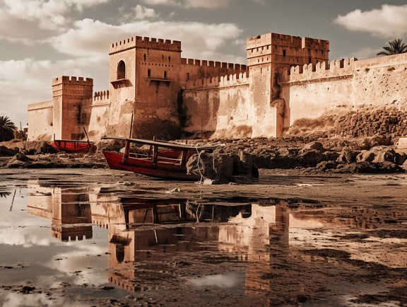 Castelo medieval com uma grande muralha e barco no leito do rio na estação da seca