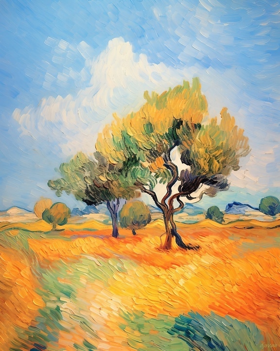 Oil painting of trees in a farmland field on sunny summer day