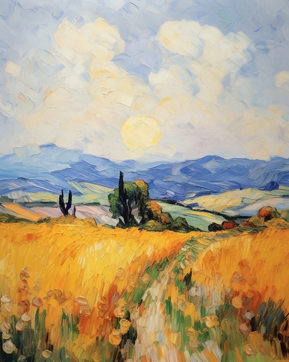 Pintura acrílica de un campo de hierba y árboles en temporada de verano