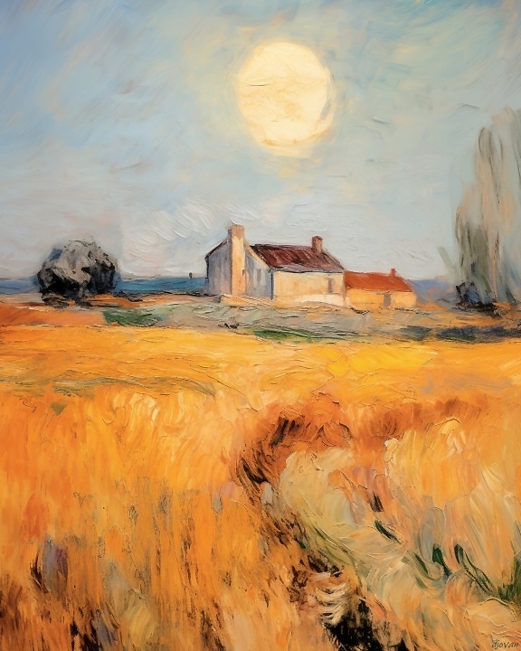 Oil painting of a farmhouse in a wheat field on summer day