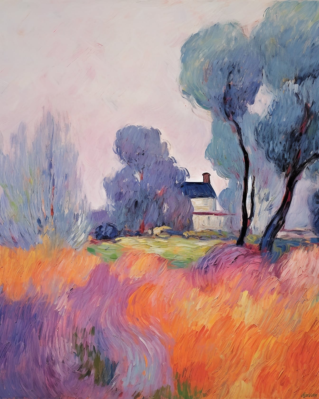 Maľovanie domu a stromov fialovou akrylovou farbou