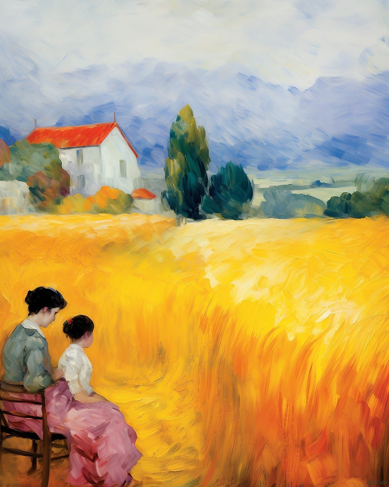 Målning av en mor och ett barn som sitter på en bänk i ett vetefält