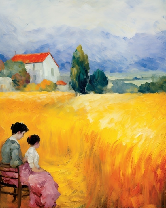 Peinture d’une mère et d’un enfant assis sur un banc dans un champ de blé