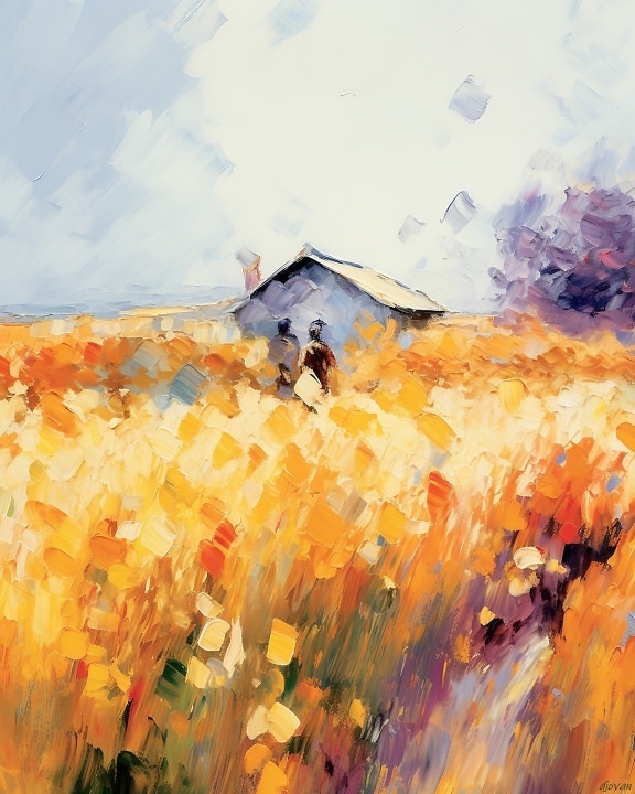 pictura în ulei a unei case și a unui câmp de flori