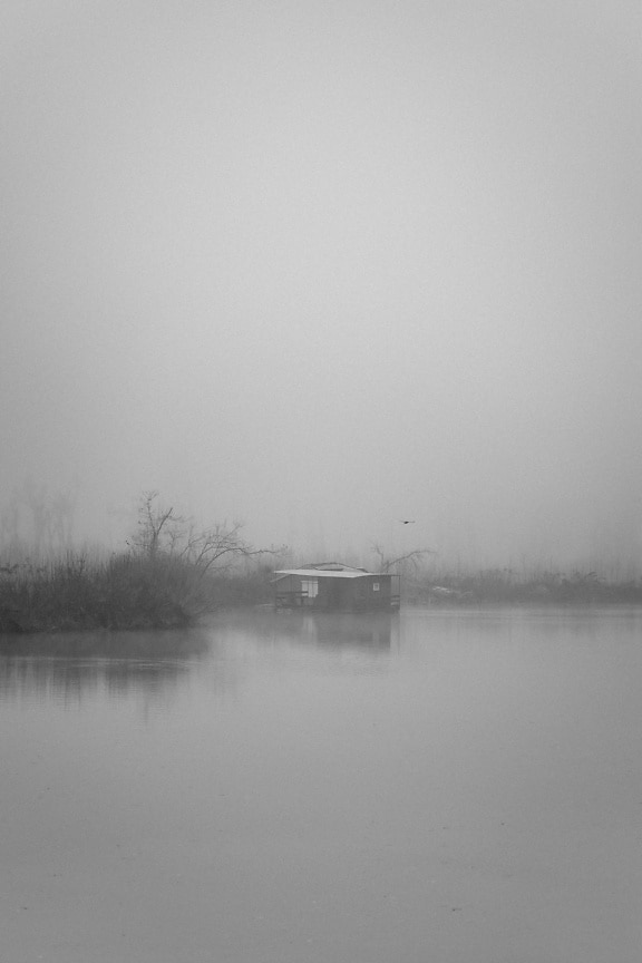 雾湖上水面上的房子的单色照片