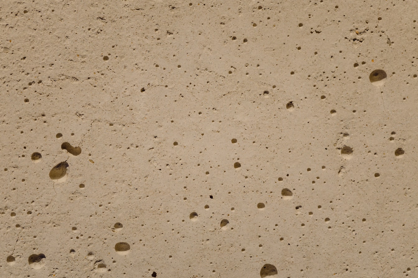 ภาพระยะใกล้ของเนื้อหินสีเบจที่มีรูหลายรู