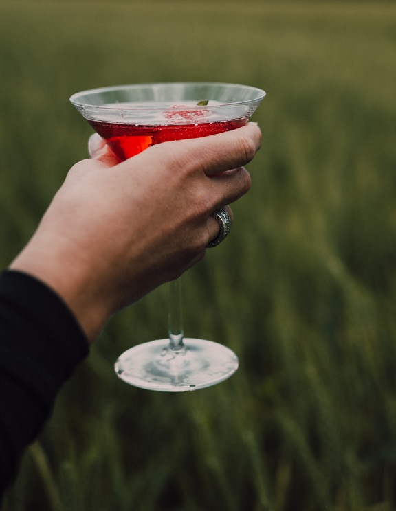 Hånden holder et glas rød cocktail