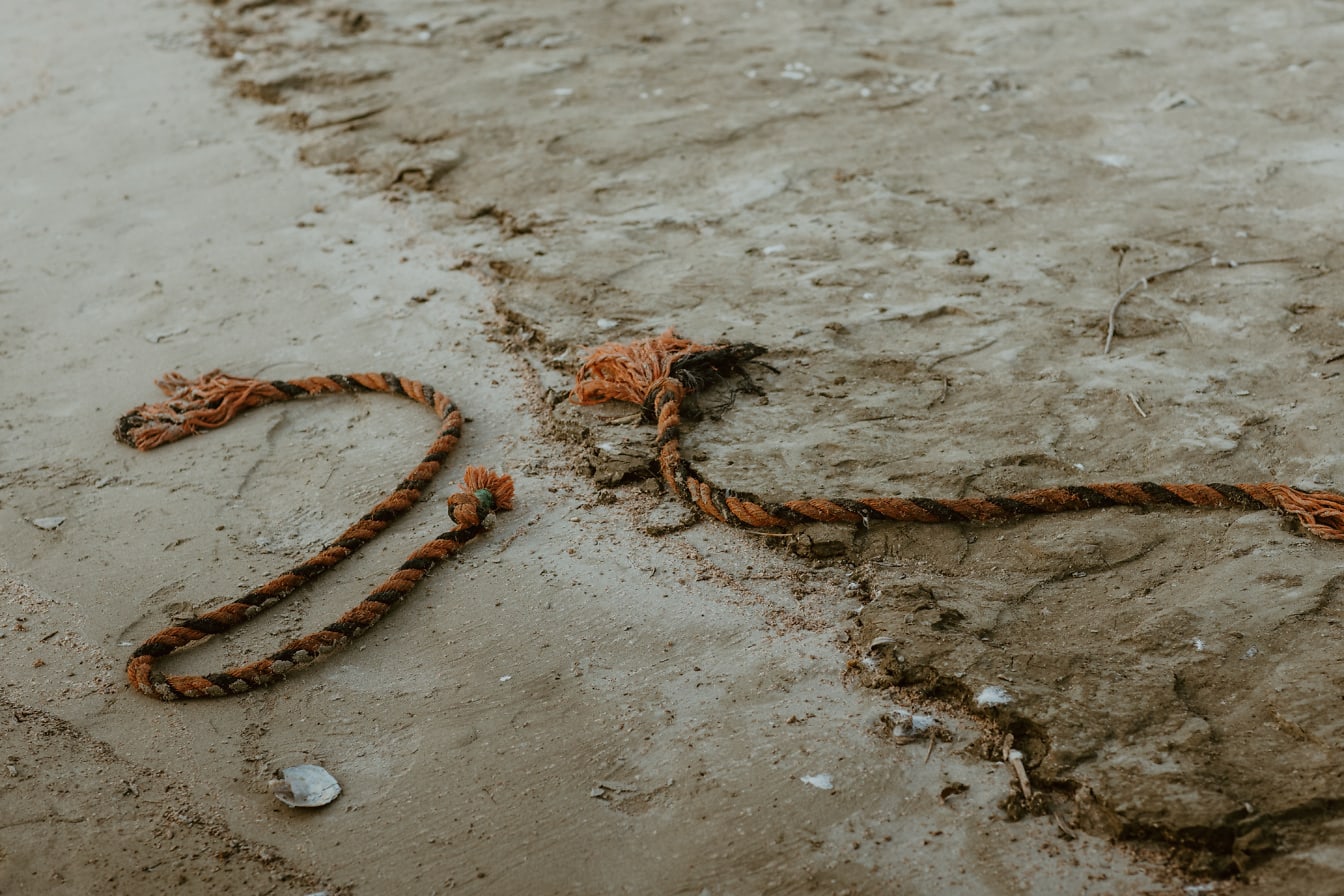 Gerissenes schwarz-orangefarbenes Seil auf dem nassen Boden