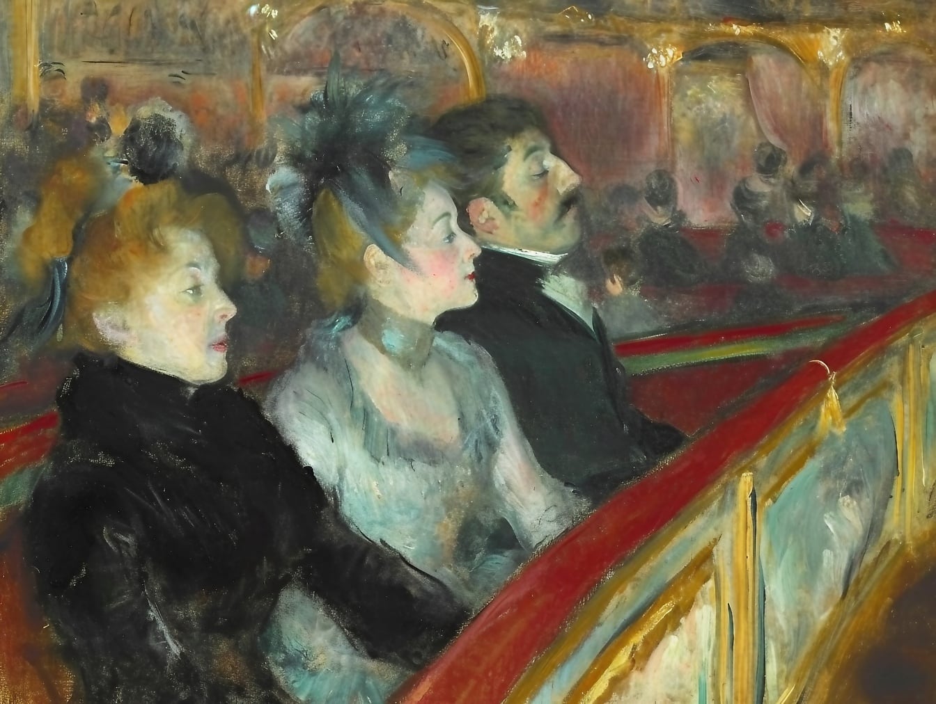 Olejomaľba skupiny ľudí sediacich v prvom rade divadla zobrazujúca atmosféru 19. storočia