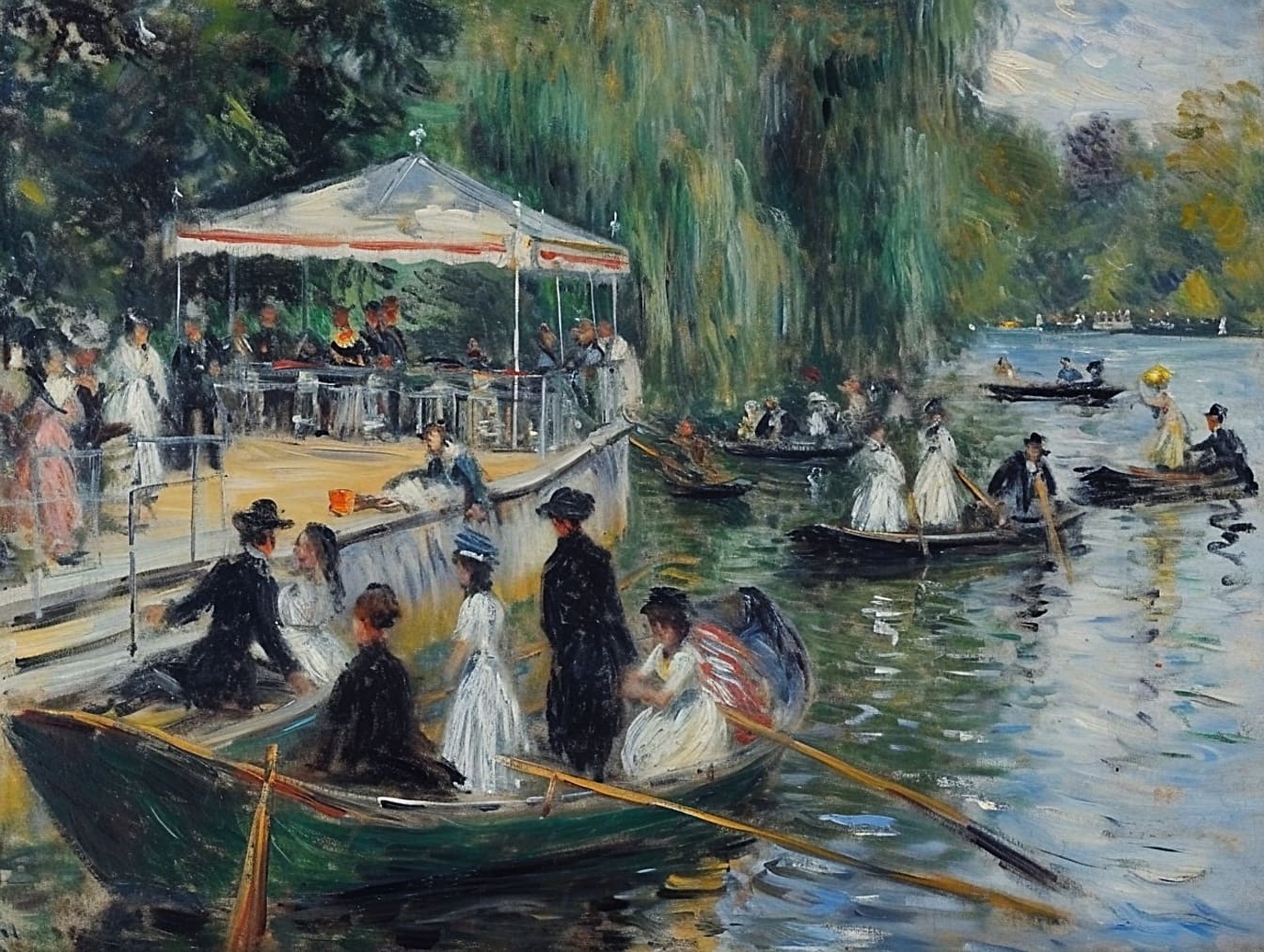 Olieverfschilderij van mensen in boten op een rivier met een 19e-eeuwse levensstijl van rijke mensen