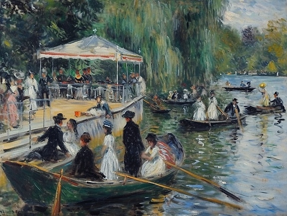 Olejomalba lidí v loďkách na řece zobrazující životní styl bohatých lidí v 19. století
