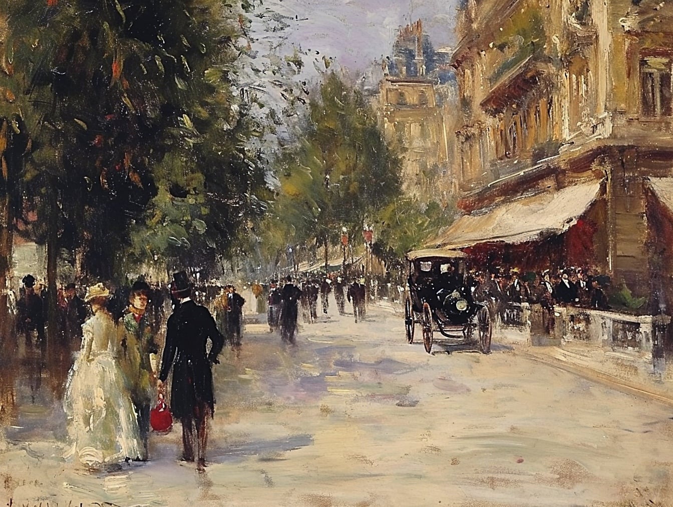 Oil painting of people walking on a street in downtown depicting 19th century lifestyle