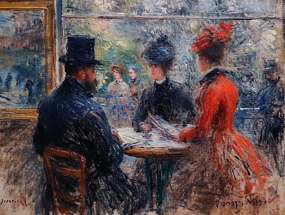 Lukisan cat minyak sekelompok orang duduk di meja yang menggambarkan suasana restoran abad ke-19