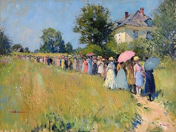 Group of people in elegant clothes walking on a path in countryside