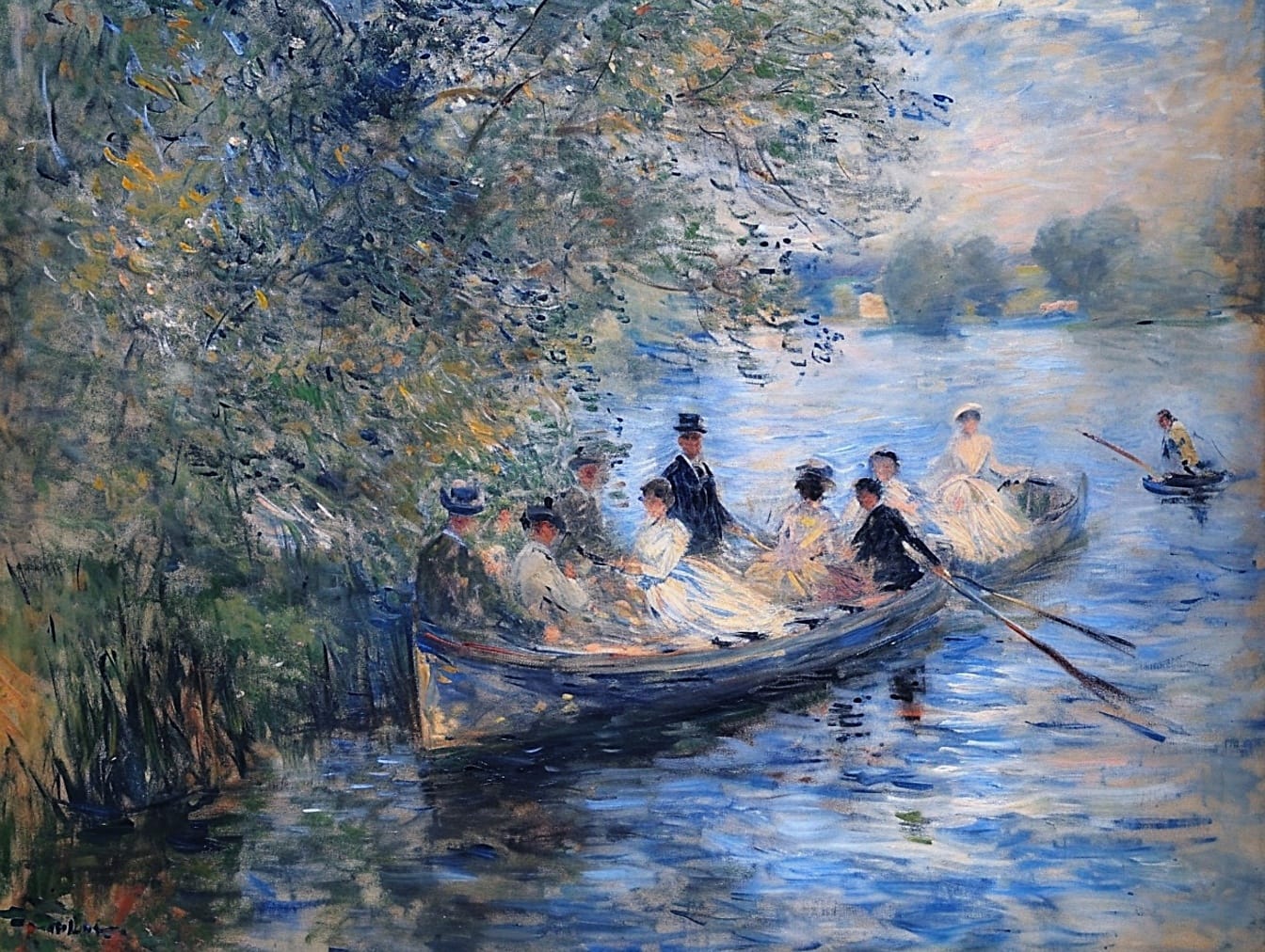 Oil painting of a group of people rowing a boat depicting lifestyle of wealthy people in 19th century
