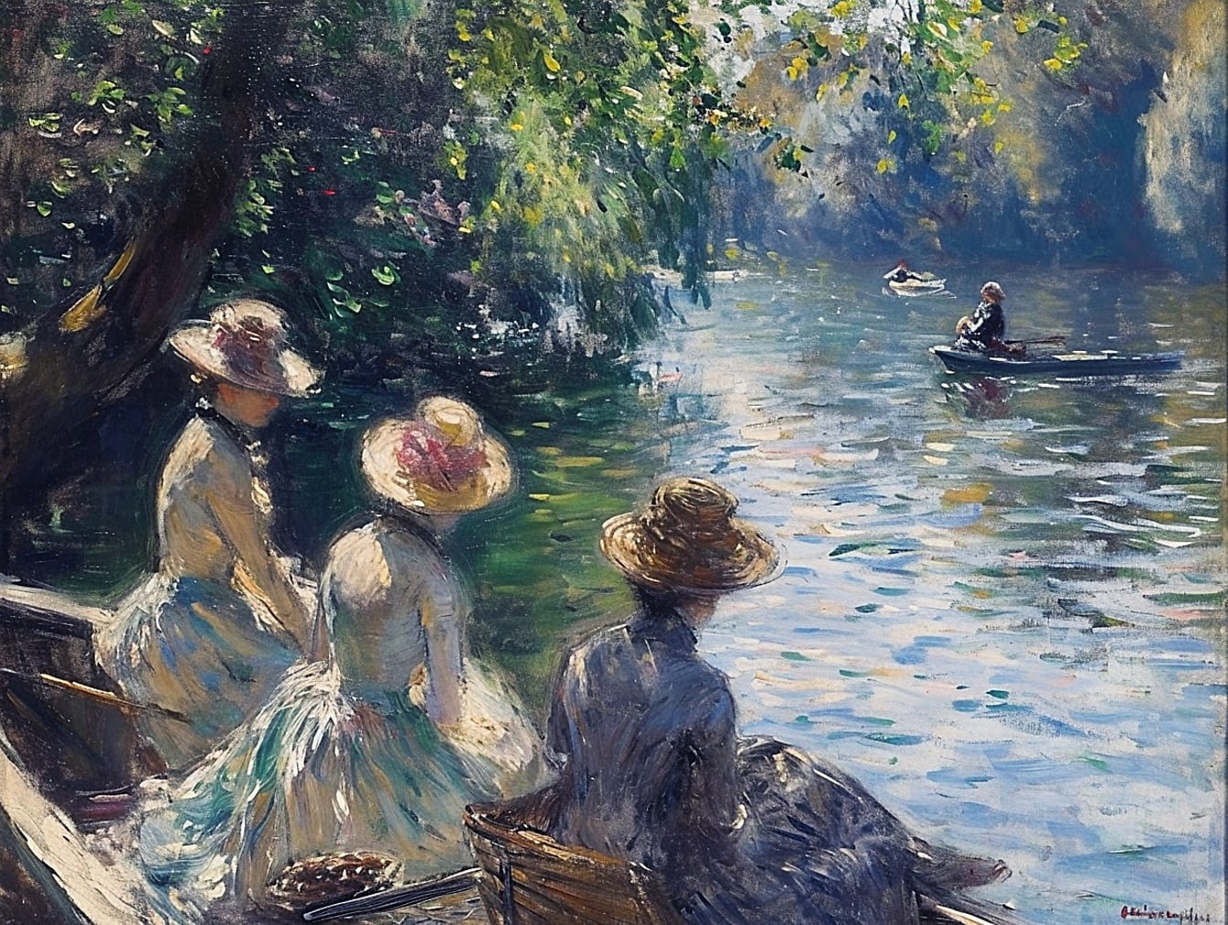 Olajfestmény három hölgyről, akik csónakban ülnek a csatornán