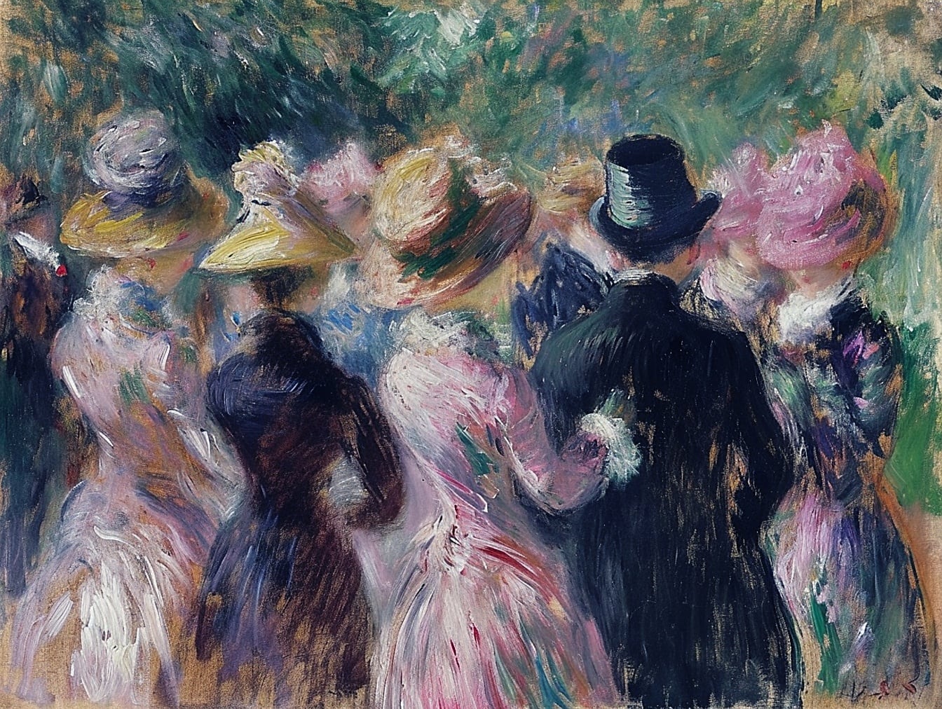 Oljemålning av grupp människor i klänningar och hattar