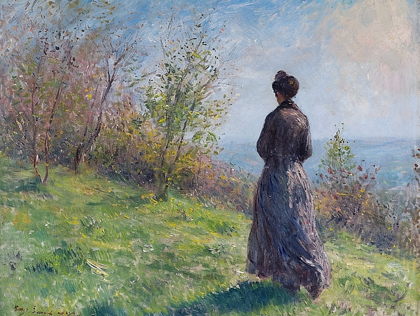穿着深色连衣裙在山上行走的女人的油画