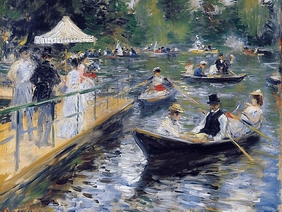 Картина людей в лодках на канале