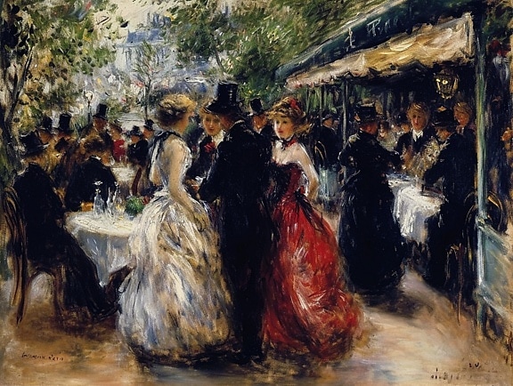 Dipinto ad olio di gruppo di persone in abiti formali al ristorante raffigurante la moda del 19 ° secolo