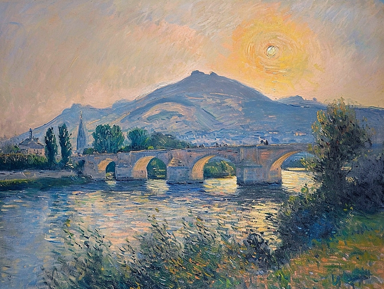 Маслена живопис на стар каменен мост над река със залез над хълмове на заден план