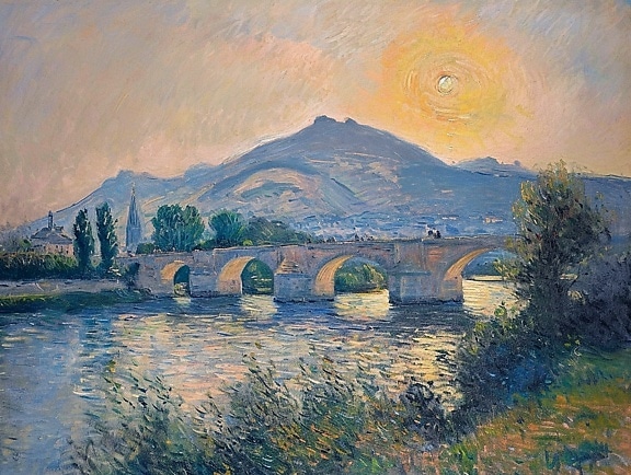 Картина маслом старого каменного моста через реку с закатом над холмами на заднем плане