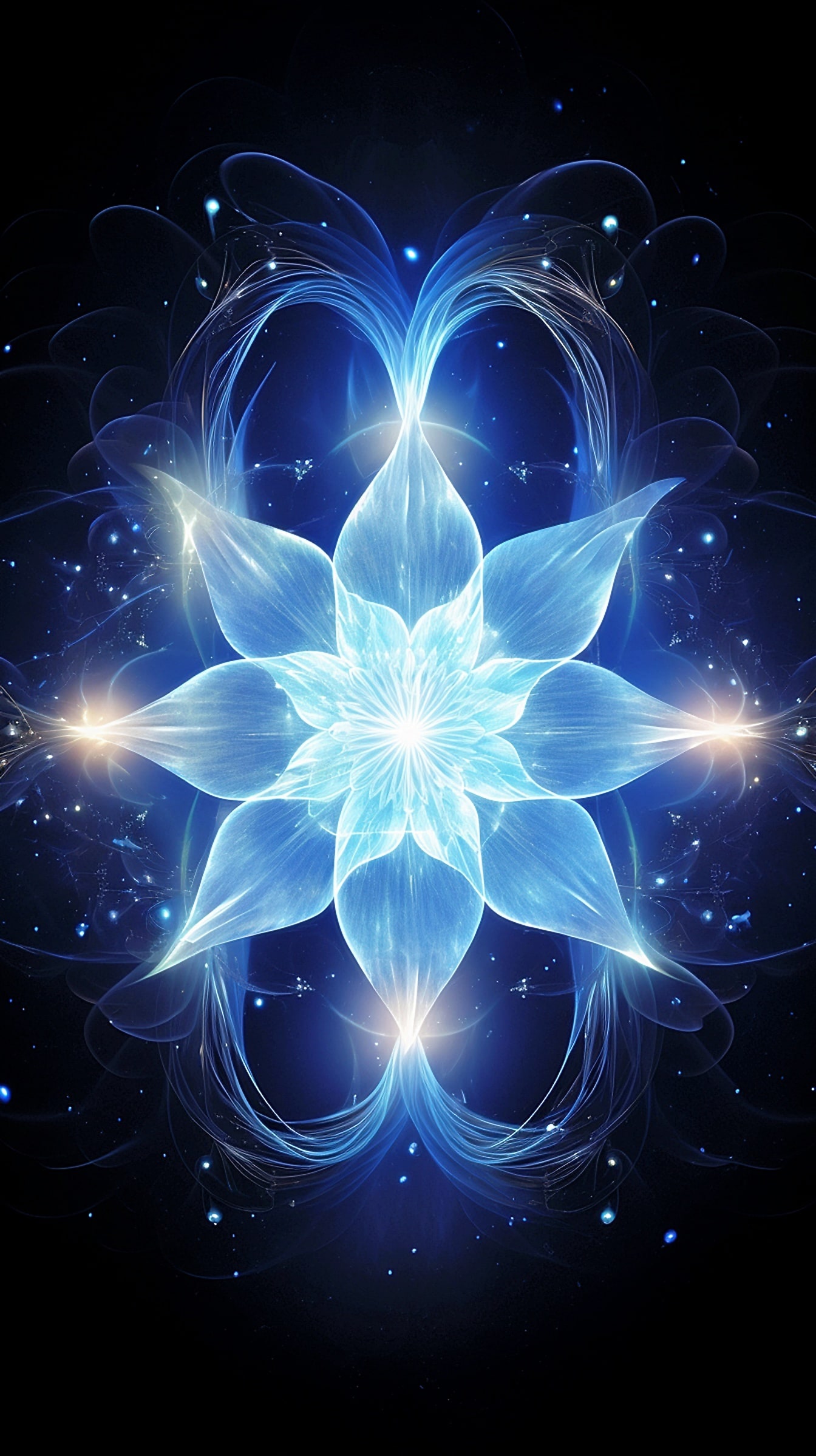 Surrealistická ilustrácia žiariaceho modrého kvetu s bielym svetlom na čiernom pozadí