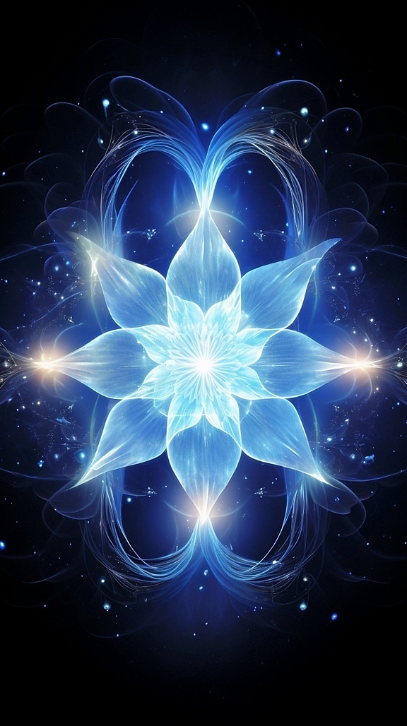 Ilustração surreal da flor azul brilhante com luz branca no fundo preto