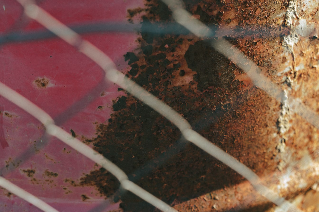 Detailní záběr na zrezivělou kovovou texturu přes drátěný plot