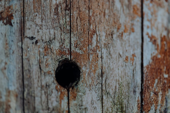 木头上有剥落的旧油漆和一个洞